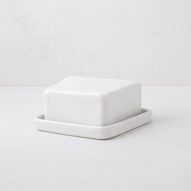 Handmade creamy white ceramic European butter dish by Montes Doggett, 6"L x 4.5"W x 3"H.