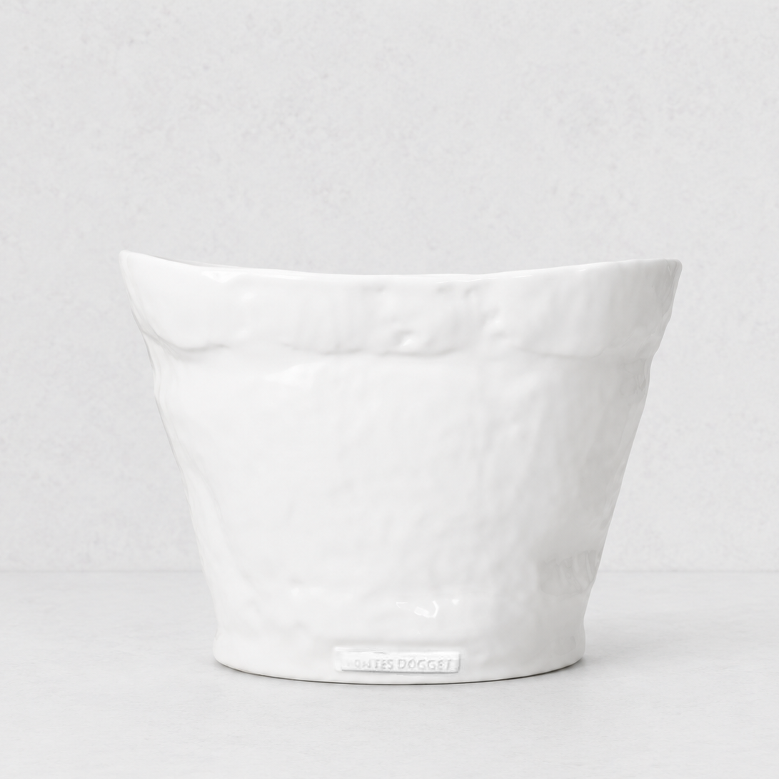 Handmade Montes Doggett ceramic ice bucket in creamy white glaze, 13"L x 11.5"W x 9"H.