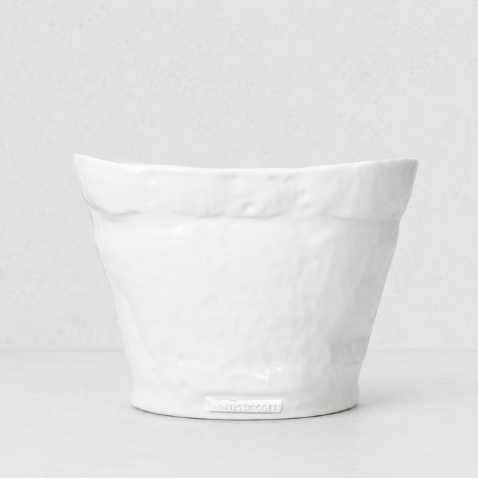 Handmade Montes Doggett ceramic ice bucket in creamy white glaze, 13"L x 11.5"W x 9"H.