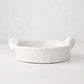 Handmade Montes Doggett ceramic round baker, creamy white glaze, 9"Dia x 2.5"H, with small handles.