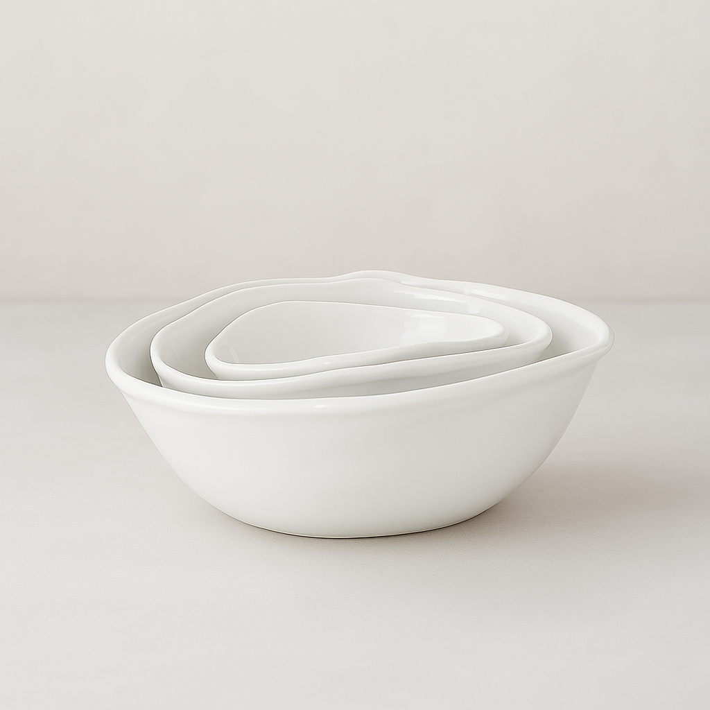 Set of 3 Montes Doggett handmade white ceramic oval bowls, nested.
