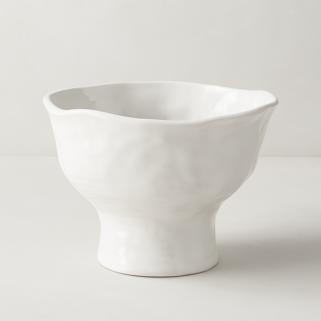 Handmade creamy white ceramic pedestal bowl 5148 by Montes Doggett, organic shape, 8"Dia x 6.25"H.