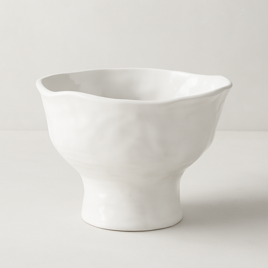 Handmade creamy white ceramic pedestal bowl 5148 by Montes Doggett, organic shape, 8"Dia x 6.25"H.