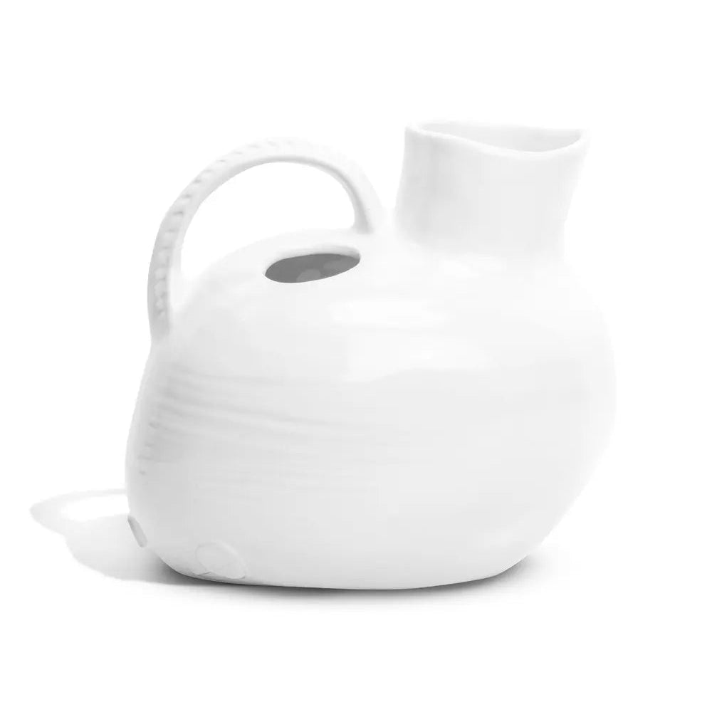 Handmade Montes Doggett ceramic pitcher, creamy white glaze, 8x6x7 inches.