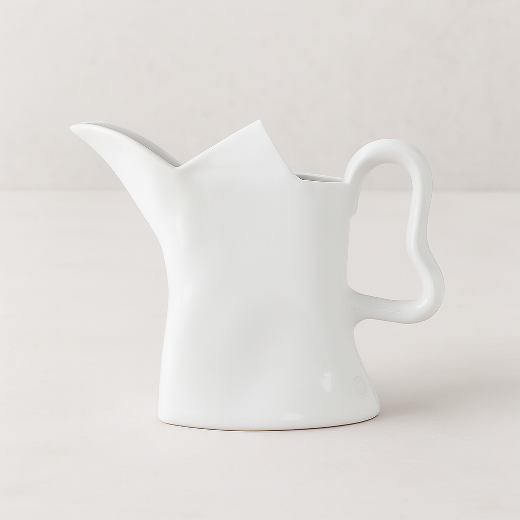 Handmade creamy white ceramic pitcher with organic shape and curved handle, 9"H.