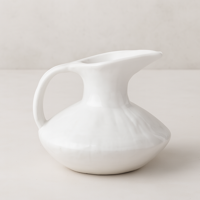 Handmade creamy white ceramic pitcher 5431 by Montes Doggett, organic shape, 11"D x 10"H.