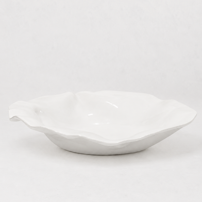 Handmade Montes Doggett ceramic platter, creamy white glaze, organic wavy rim, 16"l x 14.5"w.