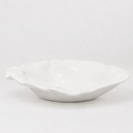 Handmade Montes Doggett ceramic platter, creamy white glaze, organic wavy rim, 16"l x 14.5"w.