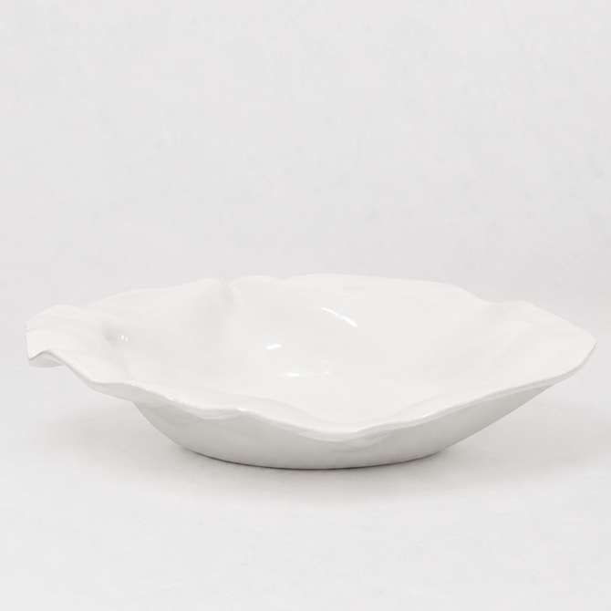 Handmade Montes Doggett ceramic platter, creamy white glaze, organic wavy rim, 16"l x 14.5"w.