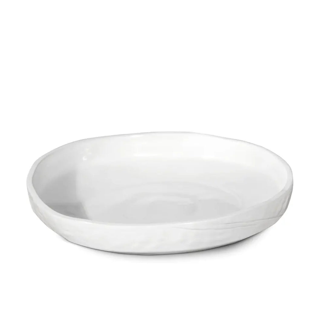 White handmade ceramic platter by Montes Doggett, 15.4"Dia, with an organic shape and raised edge.