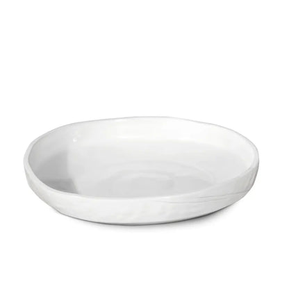 White handmade ceramic platter by Montes Doggett, 15.4"Dia, with an organic shape and raised edge.