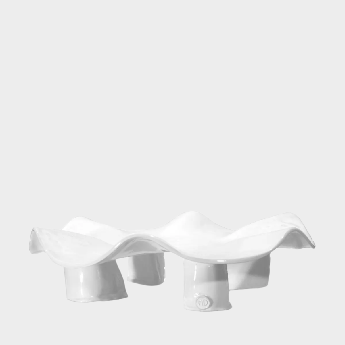 Handmade creamy white ceramic platter 5450 by Montes Doggett, organic wavy shape, 14"D x 3.5"H.