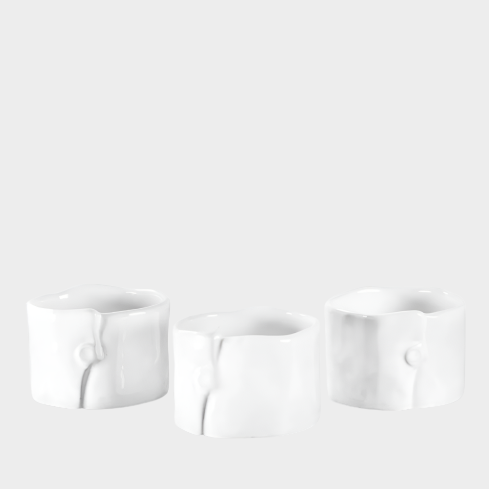 Set of 3 handmade Montes Doggett creamy white ceramic ramequins, 3"Dia x 2"H, with organic shape.
