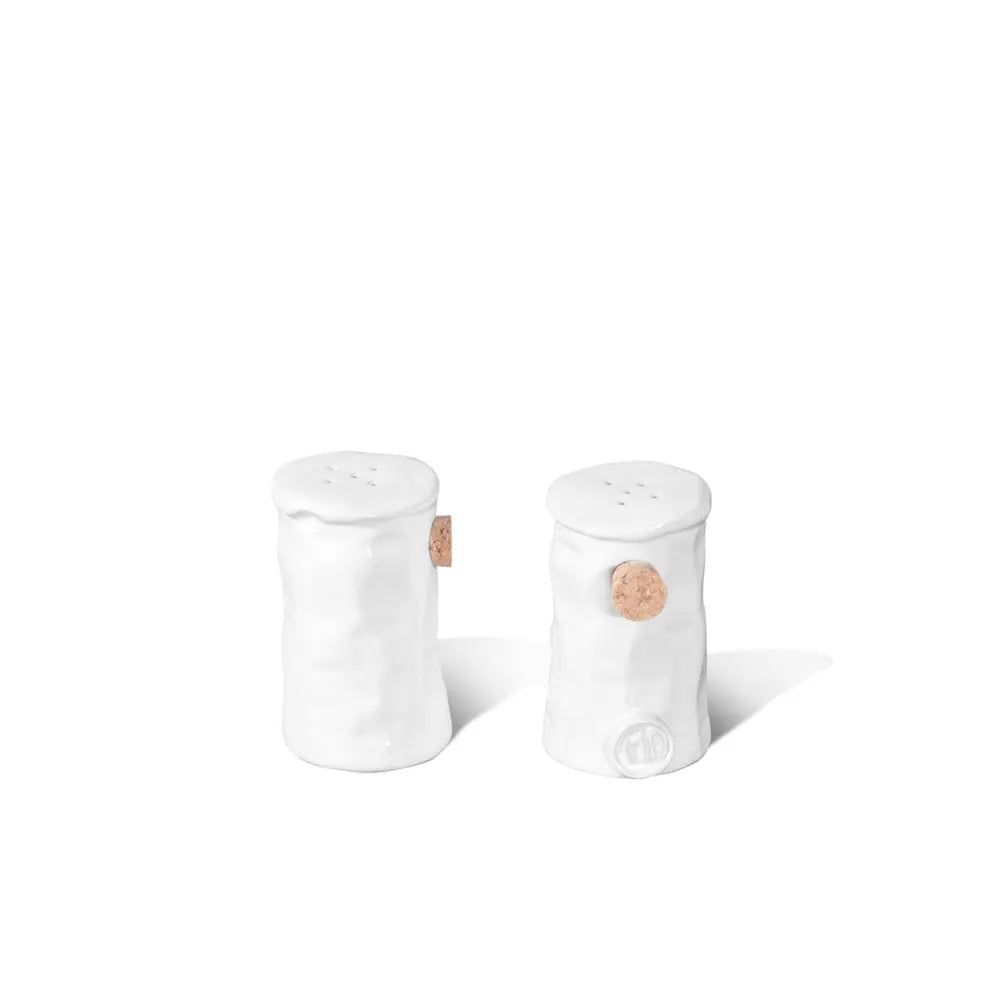 Handmade Montes Doggett ceramic salt & pepper shakers, creamy white, 3"H, with cork stoppers.