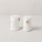 Handmade creamy white ceramic salt and pepper shakers with cork stoppers, 3"H.