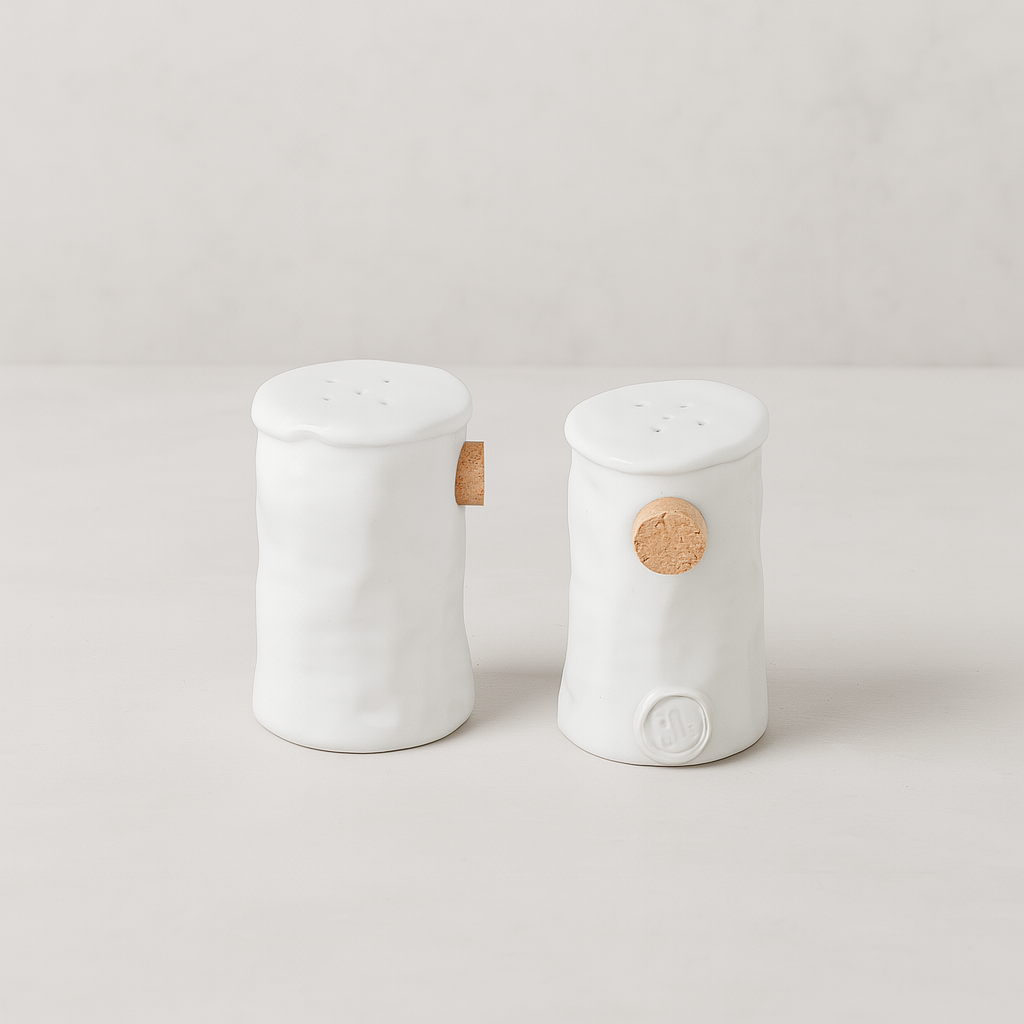 Handmade creamy white ceramic salt and pepper shakers with cork stoppers, 3"H.