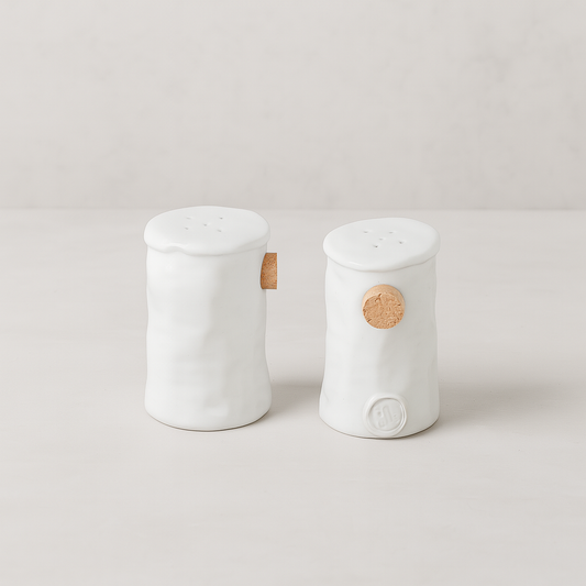 Handmade creamy white ceramic salt and pepper shakers with cork stoppers, 3"H.