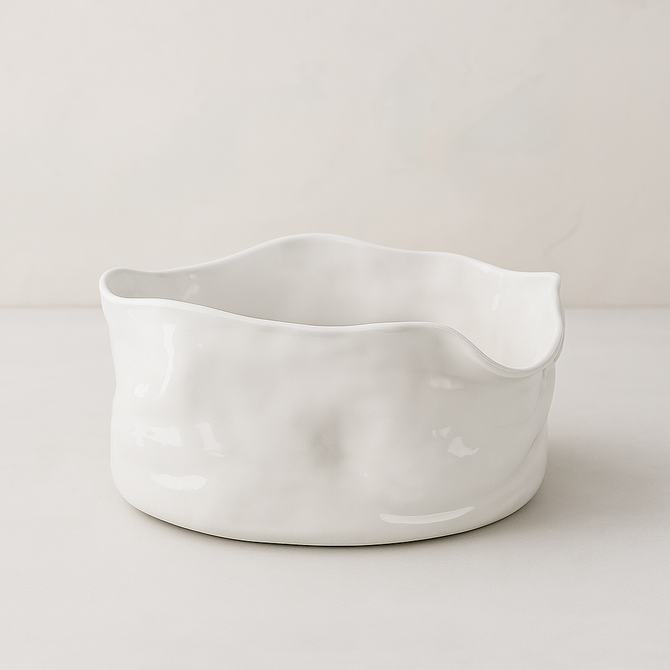 Handmade white ceramic serve bowl by Montes Doggett, organic shape, 12"L x 11"W x 7"H.