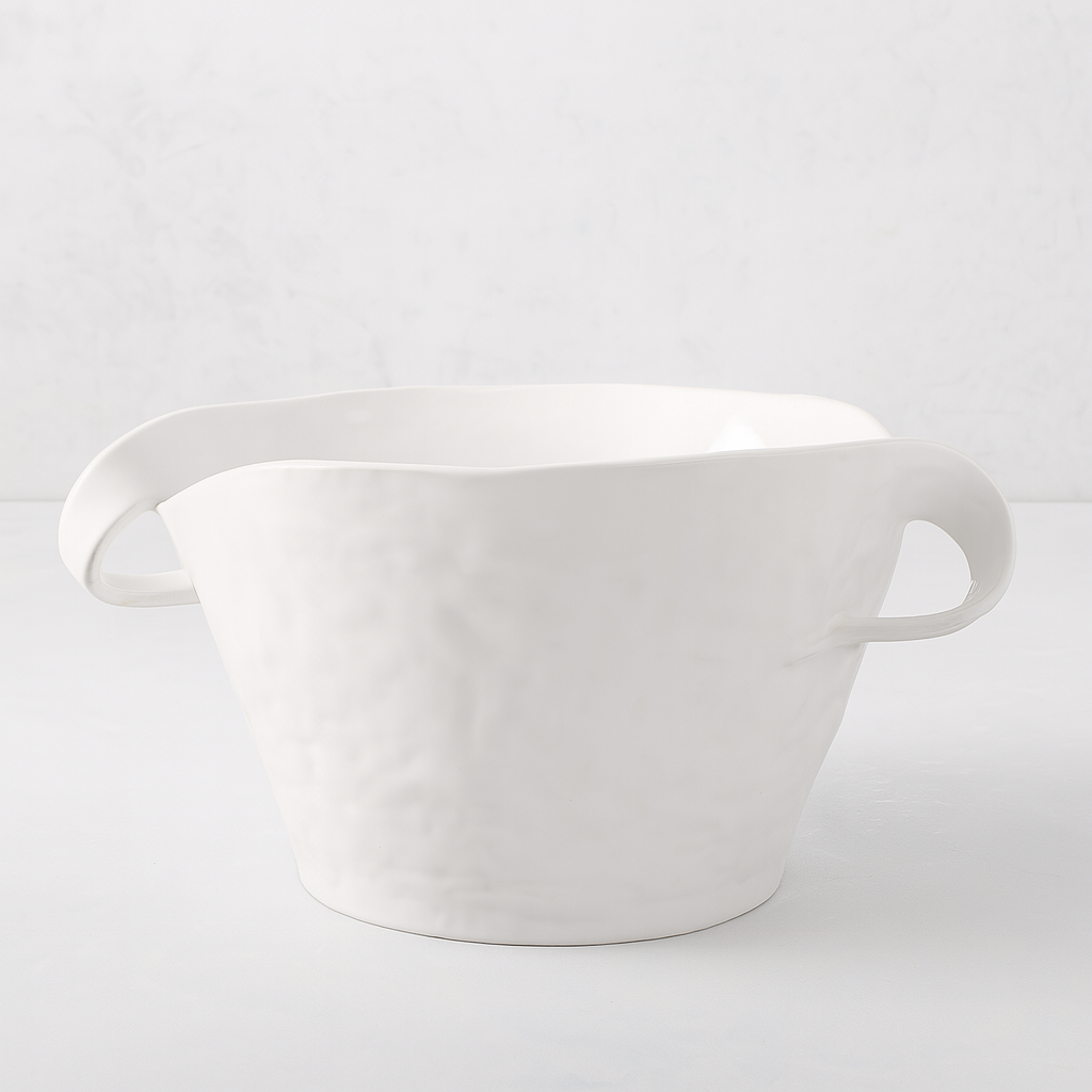 Handmade Montes Doggett ceramic serve bowl, creamy white glaze, sculptural wavy rim, and two small handles.