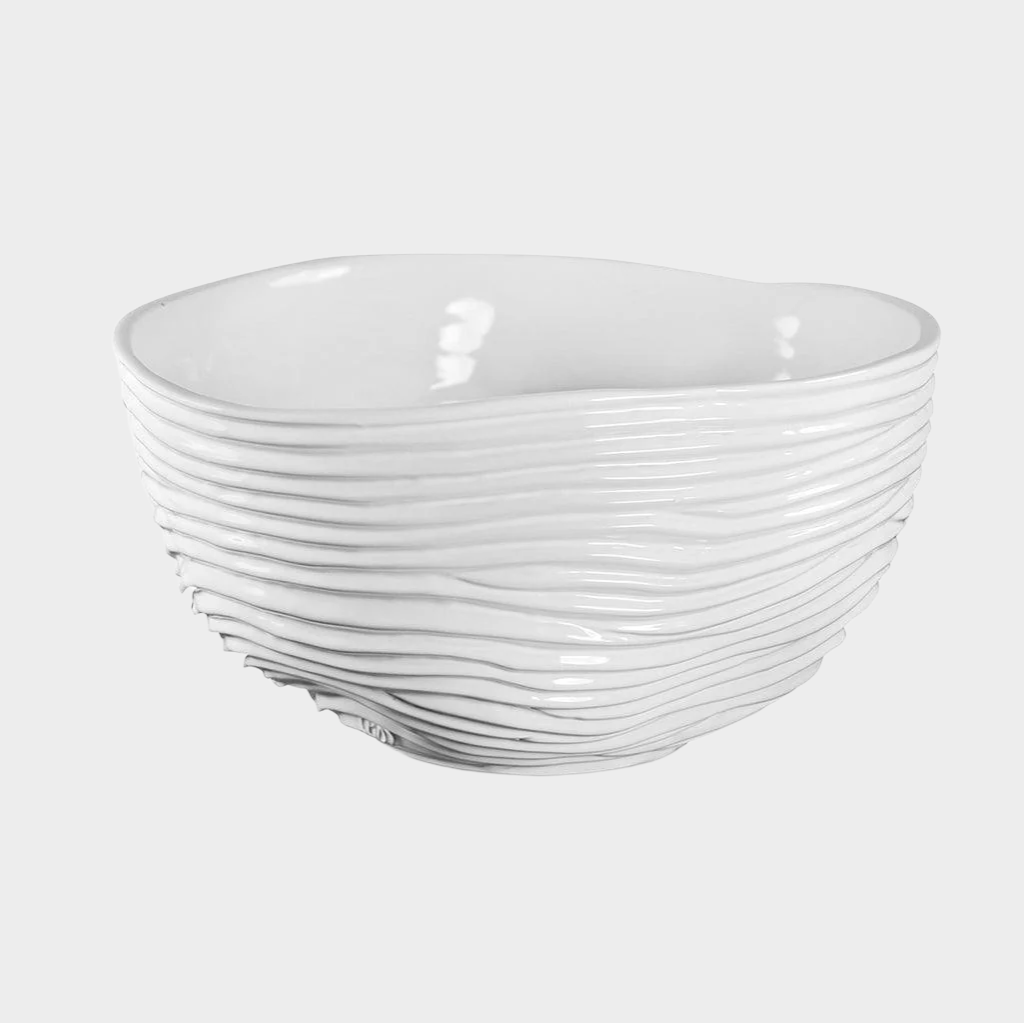 Handmade creamy white ceramic serve bowl with desert-inspired ripples and ridges, 12.5"Dia.