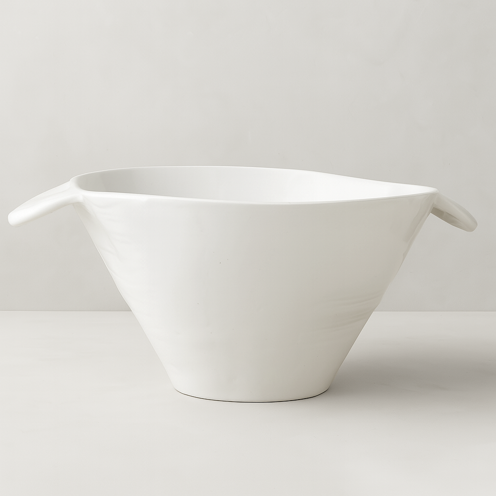 Handmade creamy white ceramic serve bowl 5284-L by Montes Doggett, organic shape with two small handles.