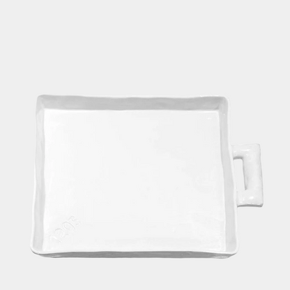Handmade Ceramic Serving Platter 5454 by Montes Doggett, creamy white, organic-shaped, with handle and "1205" engraving.