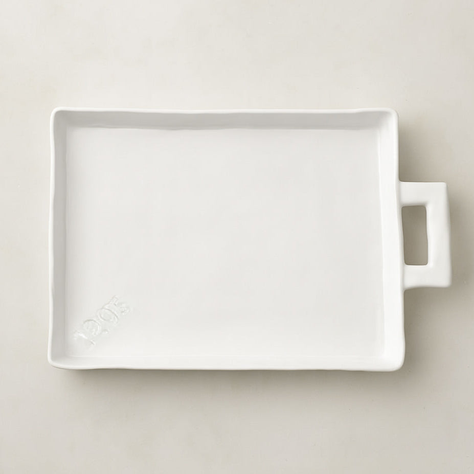 Handmade Montes Doggett Ceramic Platter 5454, creamy white, oversized, organic shape, with handle and "1205" stamp.