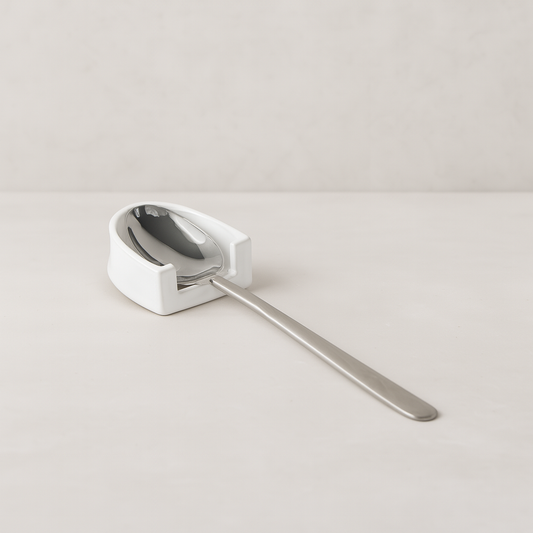 Handmade Montes Doggett ceramic spoon rest 4944, creamy white glaze, holding a silver spoon.