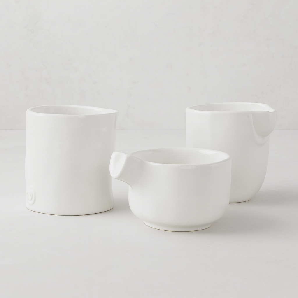 Set of 3 handmade Montes Doggett creamy white ceramic tumblers, various sizes, unique designs.
