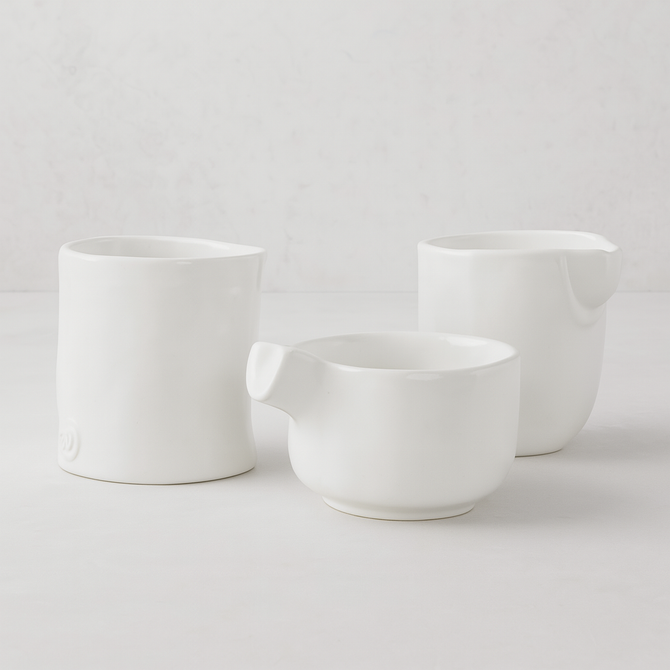 Set of 3 handmade Montes Doggett creamy white ceramic tumblers, various sizes, unique designs.