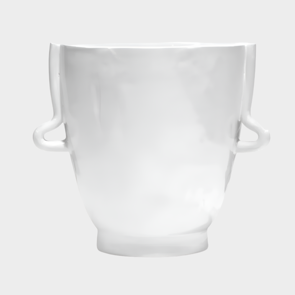 Handmade creamy white glazed ceramic vase bowl 4761-L by Montes Doggett, organic shape with handles.