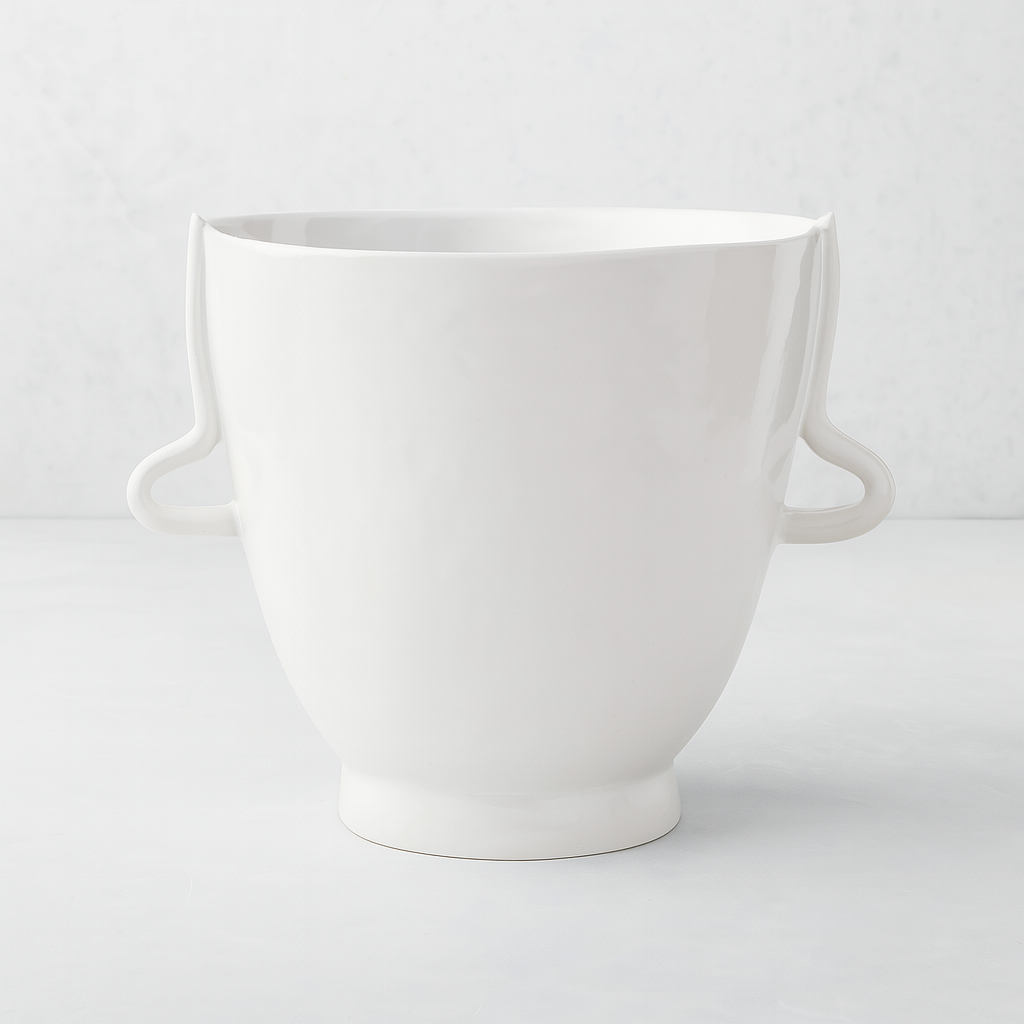 Handmade creamy white ceramic vase bowl 4761-L by Montes Doggett, organic shape with loop handles.