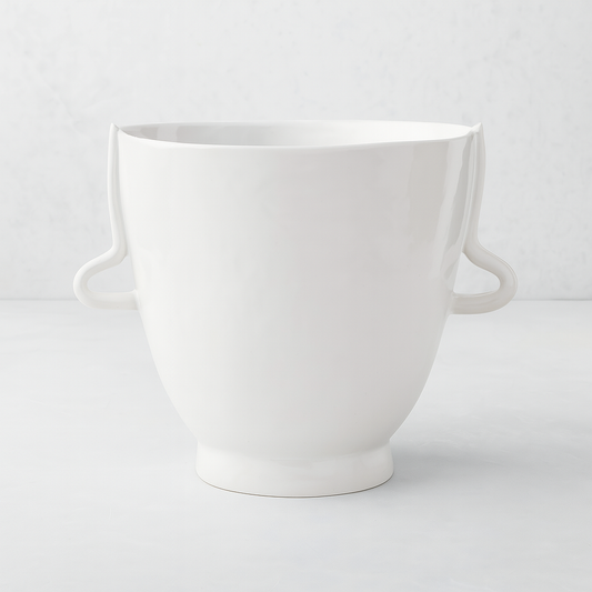 Handmade creamy white ceramic vase bowl 4761-L by Montes Doggett, organic shape with loop handles.