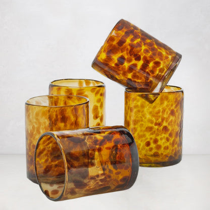 Five handmade 12 oz. mouth-blown amber tortoise double old-fashioned glasses with unique patterns.