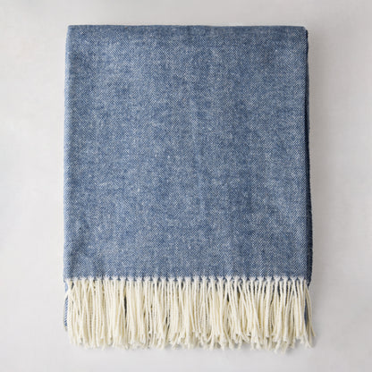 Harbor Blue Italian Herringbone Throw Blanket, 51"x67" cotton-acrylic, with white fringe.