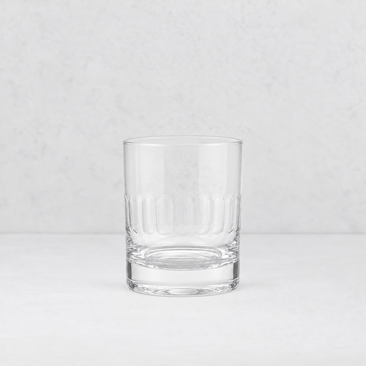 Harrington double old fashioned glass in clear lead-free crystal with hand-cut oval detailing.