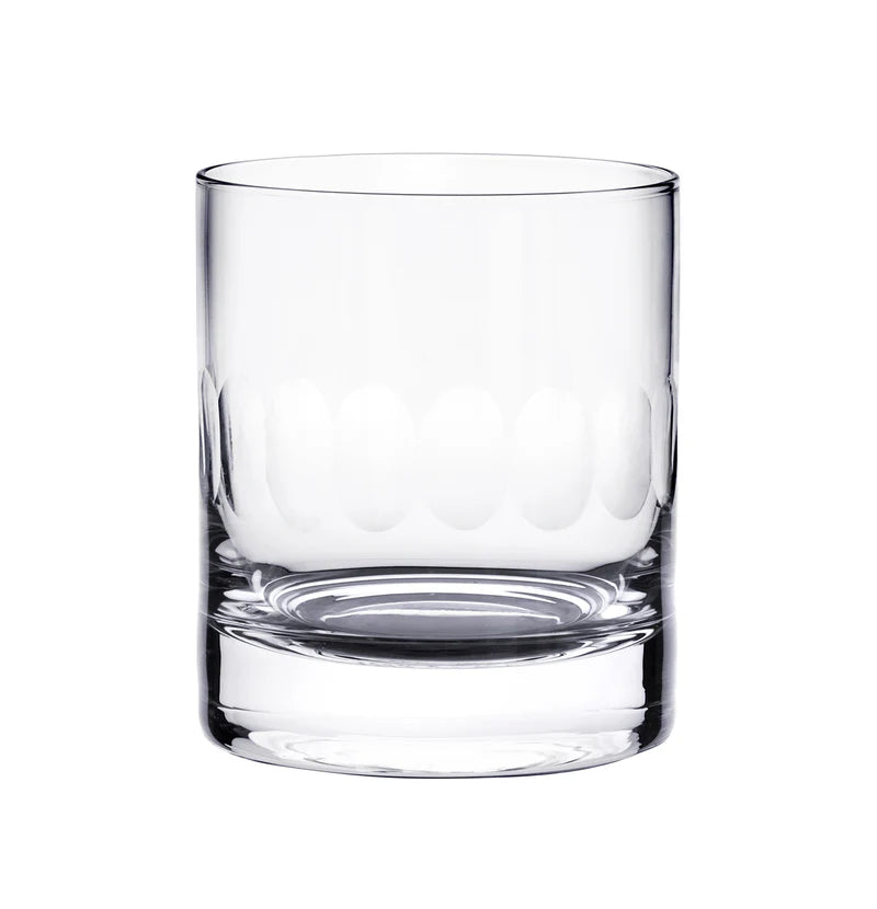 Clear glass Harrington double old fashioned tumbler with a thick base and subtle oval-patterned detailing.