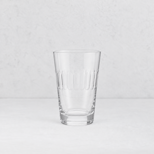 Harrington hand-blown lead-free crystal tumbler with a hand-cut oval pattern on a light grey background.