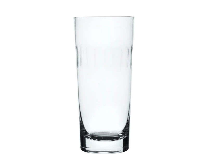 Clear Harrington highball glass with a tall, cylindrical shape and subtle vertical etched detailing on a heavy base.