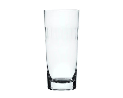 Clear Harrington highball glass with a tall, cylindrical shape and subtle vertical etched detailing on a heavy base.