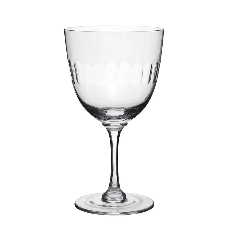 Clear Harrington white wine glass with a delicate etched oval pattern around the rim and a slender stem.