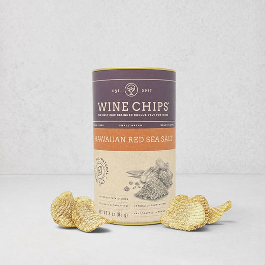 Wine Chips Hawaiian Red Sea Salt 3oz canister with lattice-cut potato chips.