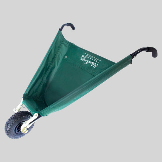 Hudson Grace green collapsible wheelbarrow with a durable fabric basin and single pneumatic tire for yard work.