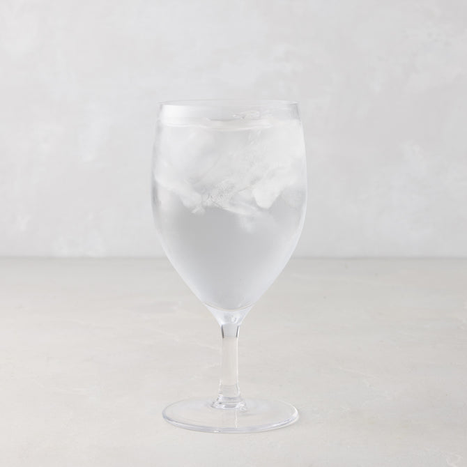 HG Heritage Water Glass, clear mouth-blown glass, 6.3"H x 3"Dia, filled with ice water.