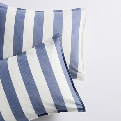 Set of 2 Herringbone Wide Blue Stripe Euro Shams, 100% cotton, with tie closures.