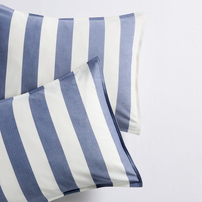 Set of 2 Herringbone Wide Blue Stripe Euro Shams, 100% cotton, with tie closures.