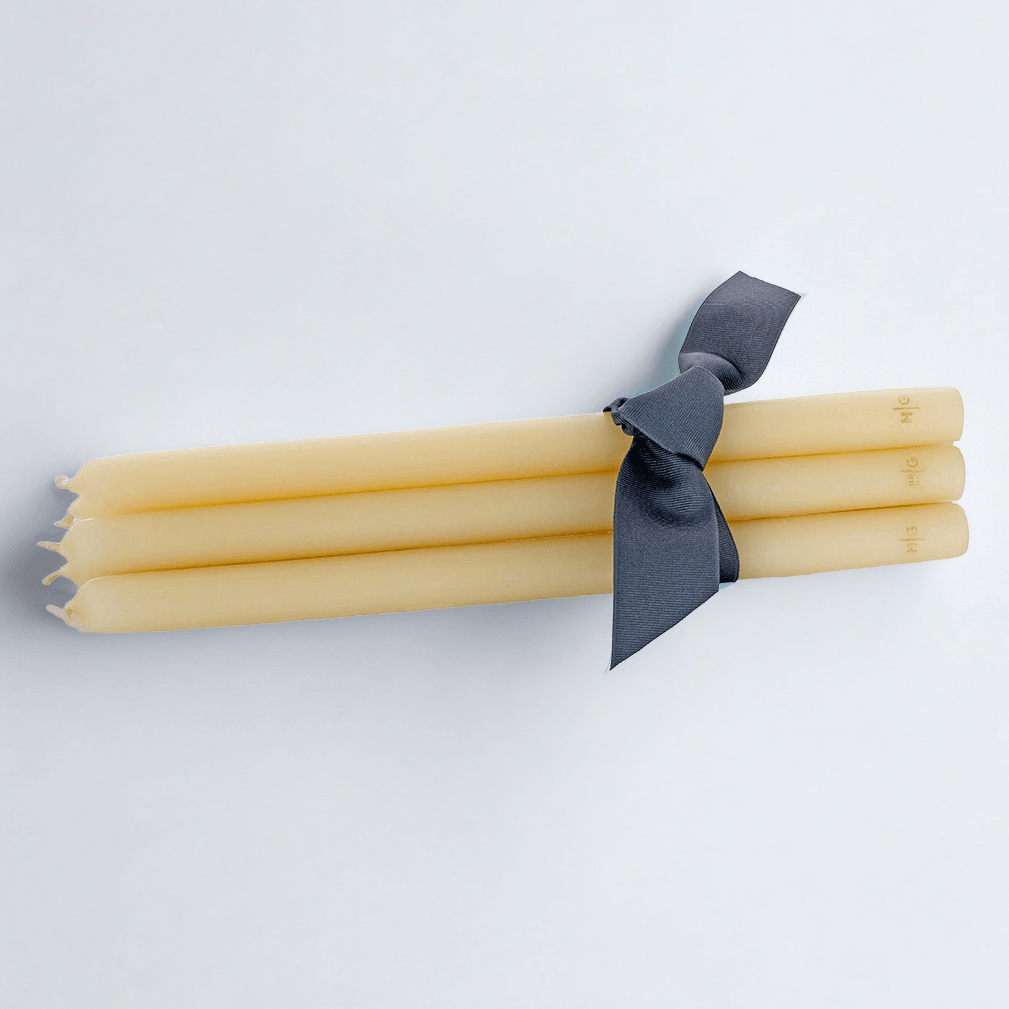 HG Amber Unscented 12" Taper Candle Bundle, set of 5, tied with a dark ribbon, with HG logo.