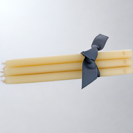 Set of 5 HG Amber Unscented 17" Taper Candles, hand-dipped paraffin, tied with a gray ribbon.