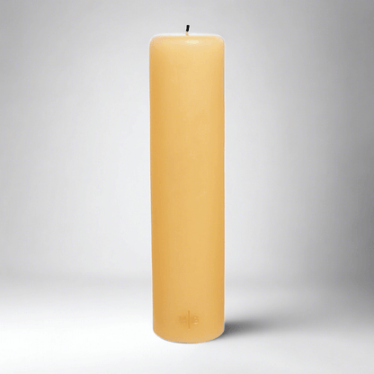 HG Amber Unscented Pillar Candle, 3"x12" paraffin, hand-dipped, with gold HG logo.