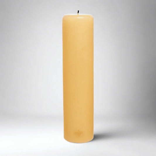 HG Amber Unscented Pillar Candle, 3"x12" paraffin, hand-dipped, with gold HG logo.